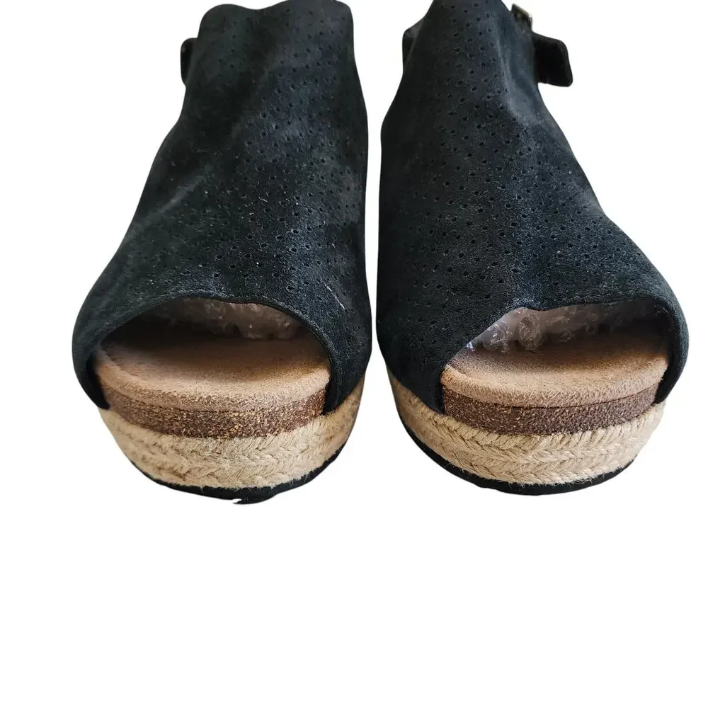 AETREX Womens Sherry Espadrille Wedge Sandal Size 10.5-11 Black Suede Perforated